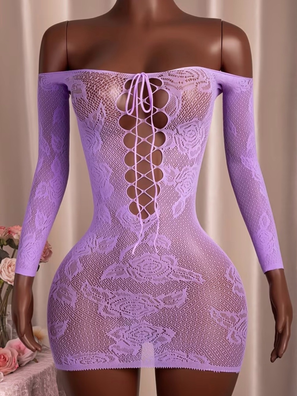 Neon Purple, Long Sleeve, Floral Mesh, Lingerie Slip